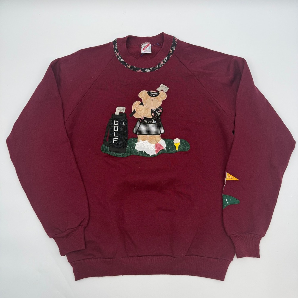Jerzees Women Large Sweatshirt Burgundy Vintage Golf Teddy Bear Floral Raglan